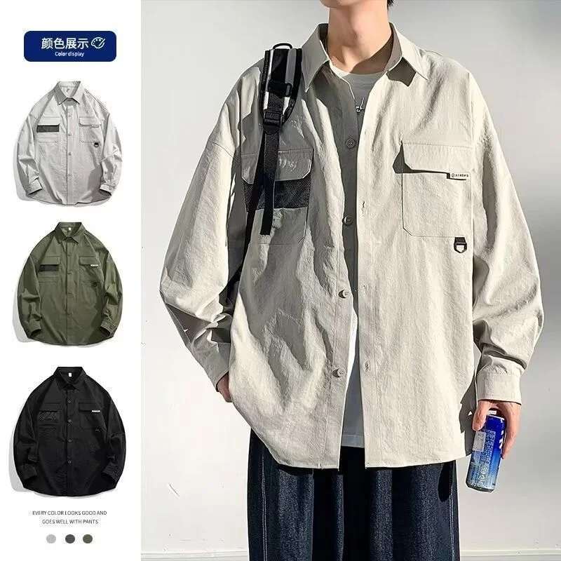 New Long-sleeved Shirt Men's Spring and Autumn Trendy Loose Tops Hong Kong Style Japanese Casual and Handsome Shirt Work Jacket