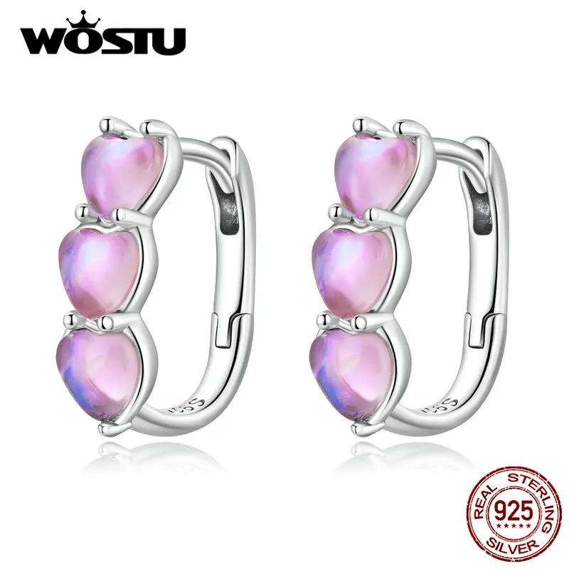 WOSTU Real 925 Sterling Silver Lovely Heart Hoop Earrings For Women Rose Pink Crystal Charm Drop Earring Wedding Jewelry Gift