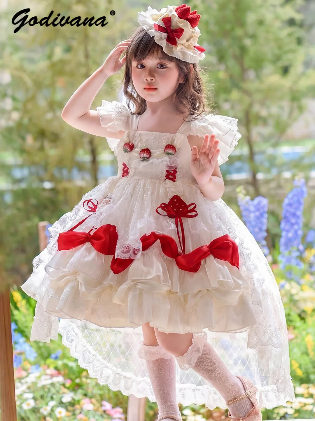 

Sweet Baby Girls High End Birthday Party Lolita Dress Kids Summer Feifei Sleeve Heavy Lace Trim Bow Train Princess Tutu Gown