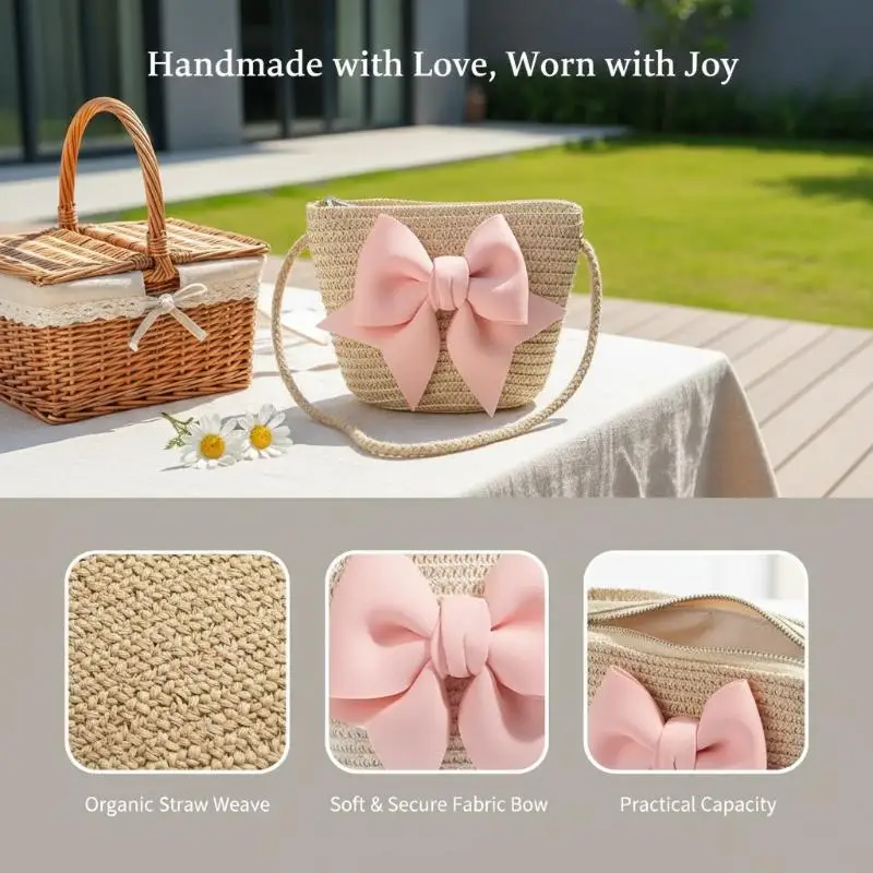 

Baby Girls Holiday Straw Shoulder Bag Cute Bow Handmade Woven Crossbody Bag for Kids Summer Vacation Beach Picnic