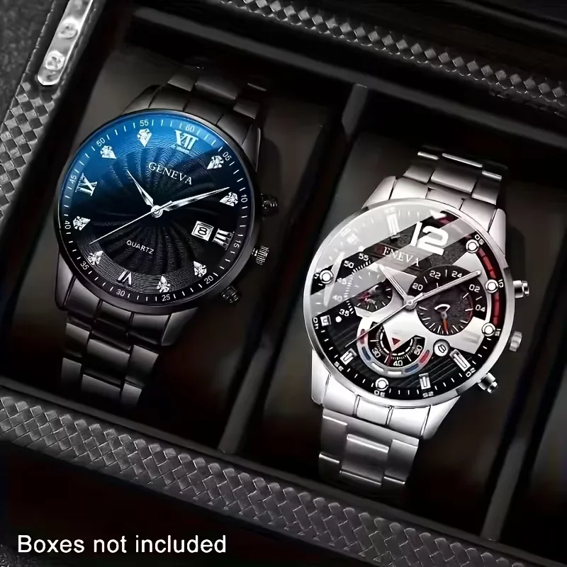 Men 2Pcs Watch Set Geneva Multi Dial Wristwatch Relojes Hombre Boxes Not Included