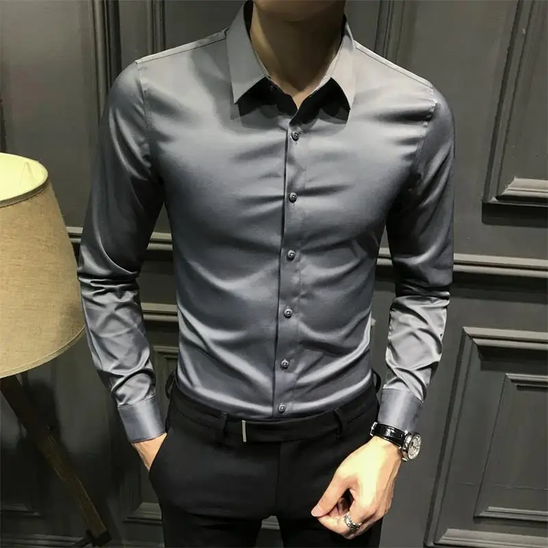 Camisa de vestido de manga longa de seda negócios simples homem topos camisas e blusas formais para homens escritório algodão com gola s roupas