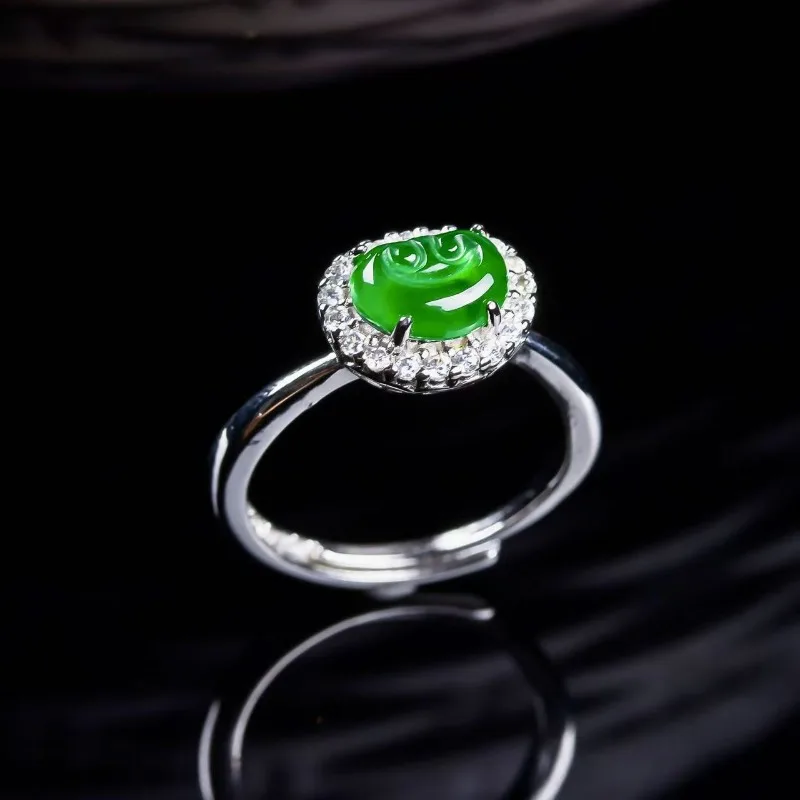 Grade A Natural Green Jadeite Ruyi Ring Talismans Real Jade Luxury Charm Carved Accessories Jewelry Amulet Gifts for Women