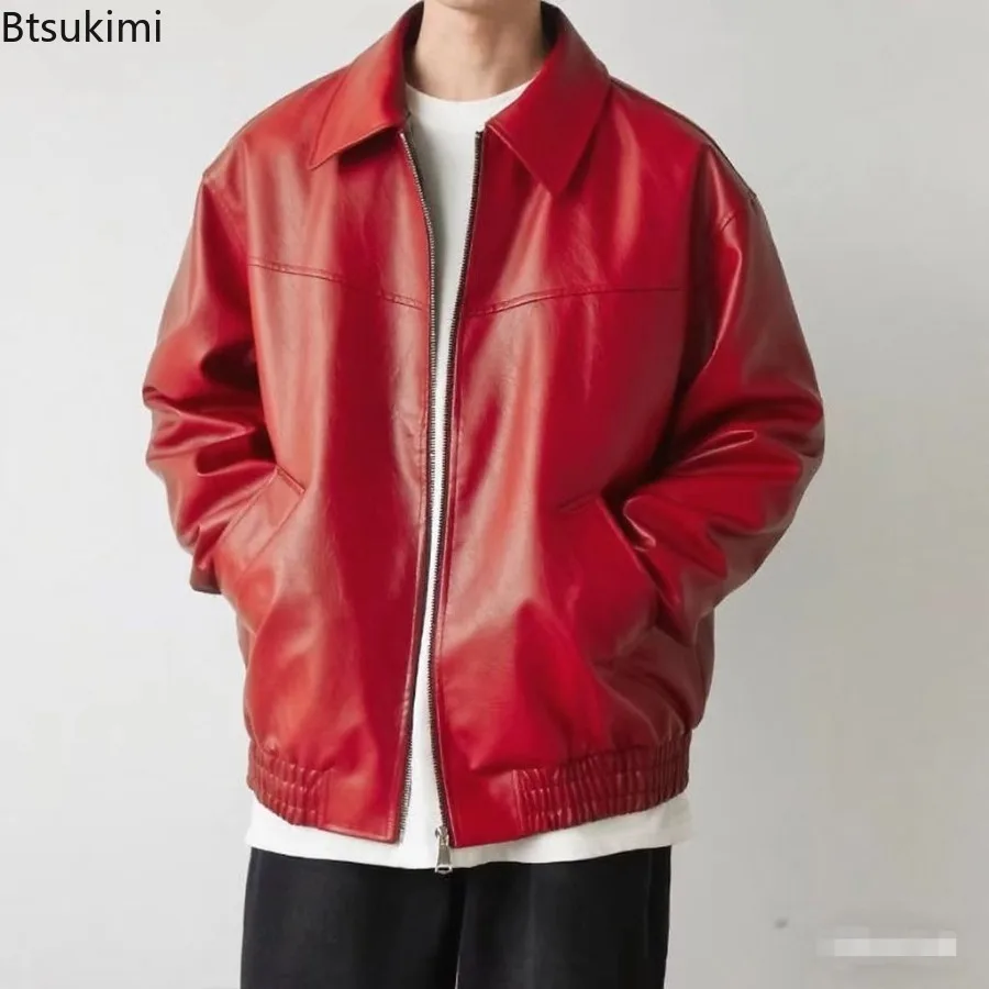 2026 Men's Faux Leather Jacket Notch Lapel Zip Up Loose Fit Biker Motorcycle Style Coat with Pockets Casual Streetwear Outerwear