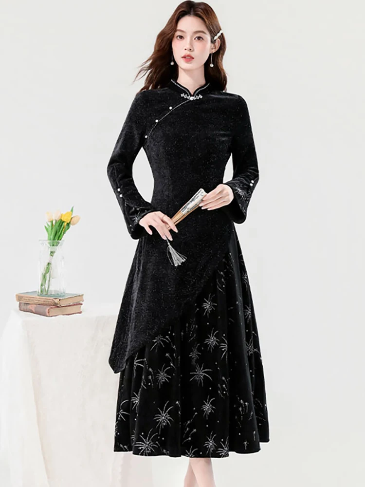 

Autumn Winter Black Velvet Patchwork Diamonds Long Dress Women Elegant Luxury Evening Dress 2025 Korean Bodycon Festival Dresses