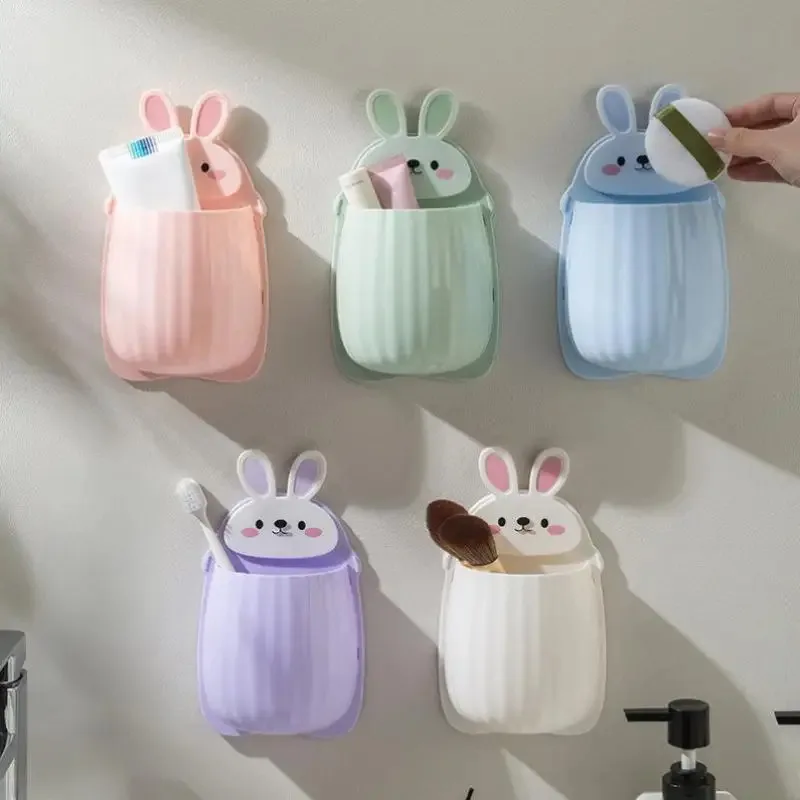 Bathroom Toothbrush and Toothpaste Organizer Cute Rabbit Wall-Mounted Style Drill-Free Also for Mobile Phone Remote Control