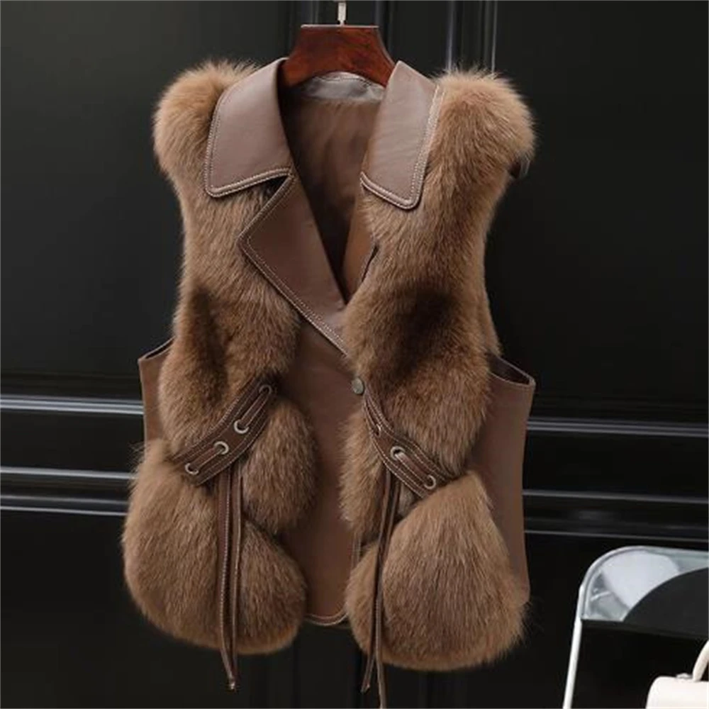 2024 Elegant Fluffy Jacket Vest Buckle Short Coat Luxury Outerwear Autumn Faux Leather Fur Coats and Jackets Women High Quality