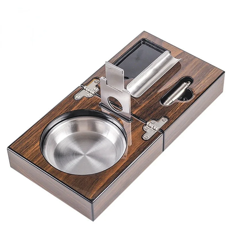 

EVIL Multifunctiona Cigar Ashtray Foldable Walnut Wood Box Include Cigar Cutter Holder and Hole Opener Smoking Accessories