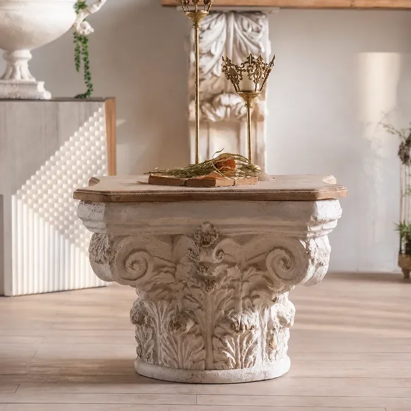 French Retro Style Coffee Table with Roman Column Carved Flower Stand for Balcony Cafe B&B Hotel Reception Tea Table