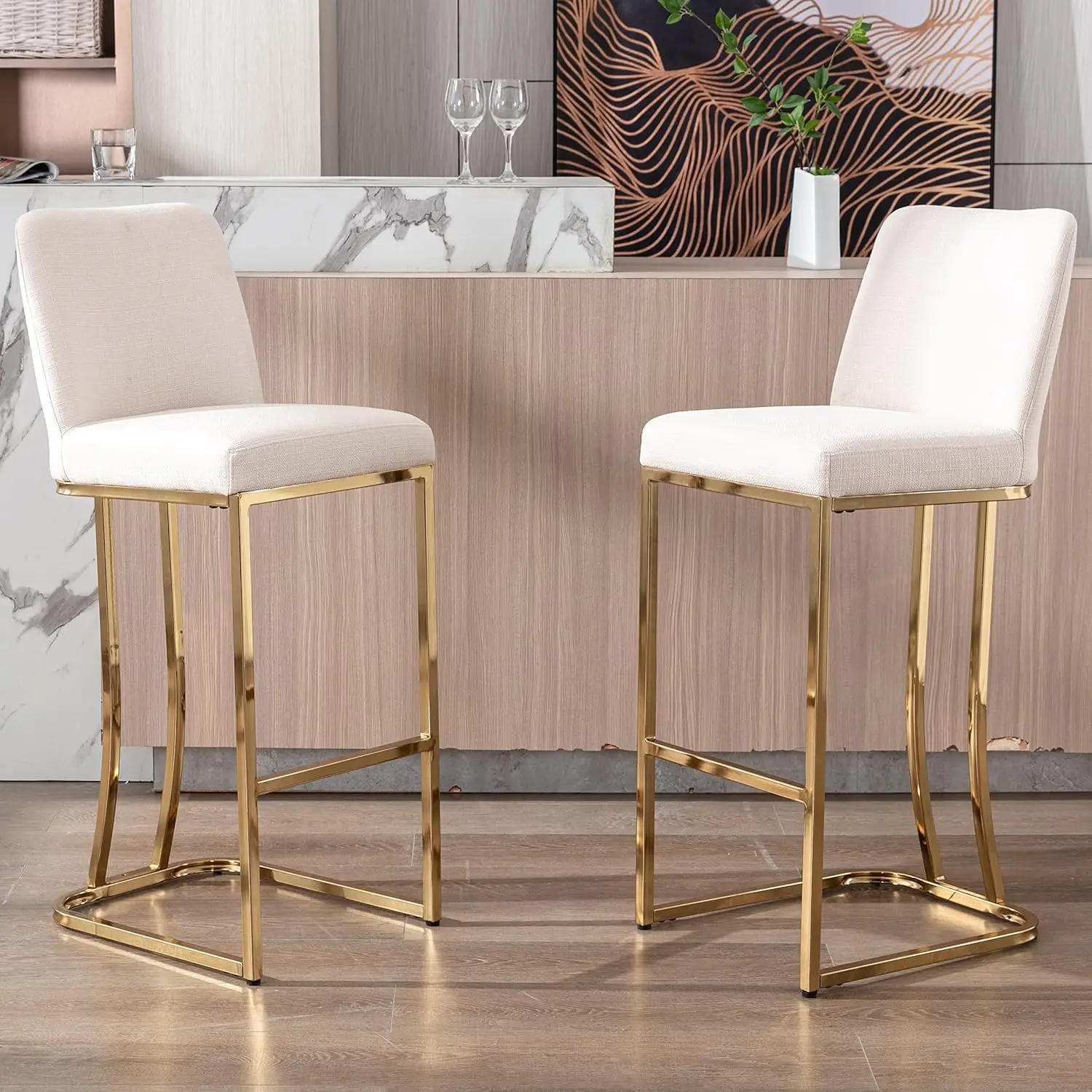 

30" Bar Height Bar Stools Set of 2 with Back, Modern Linen Barstools, Upholstered Pub Stools with Footrest, Armless Dining