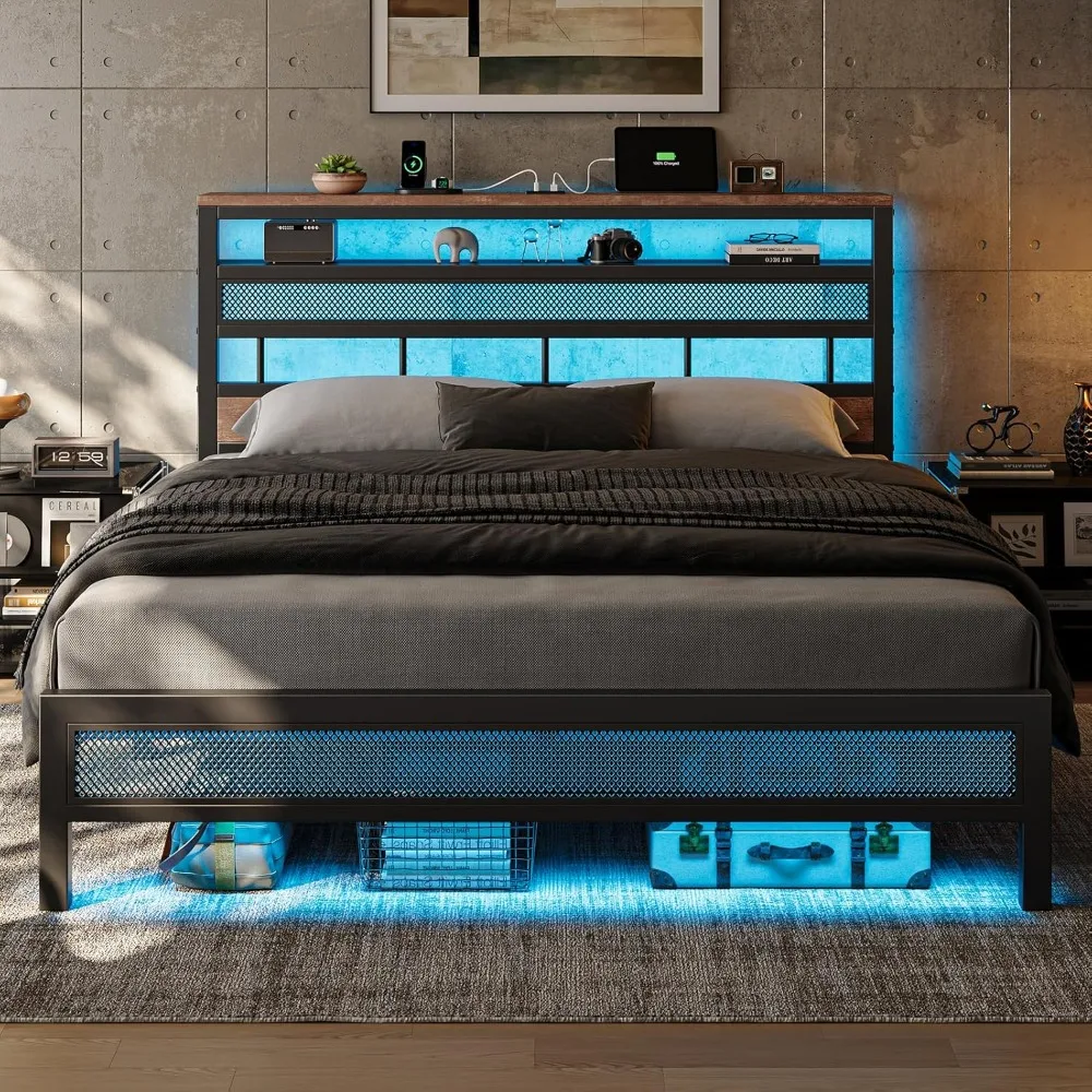 

LED King Size Bed Frame and 2-Tier Headboard, Metal Platform Bed Frame with Storage, Mesh King Bedframe with Charging Station, E