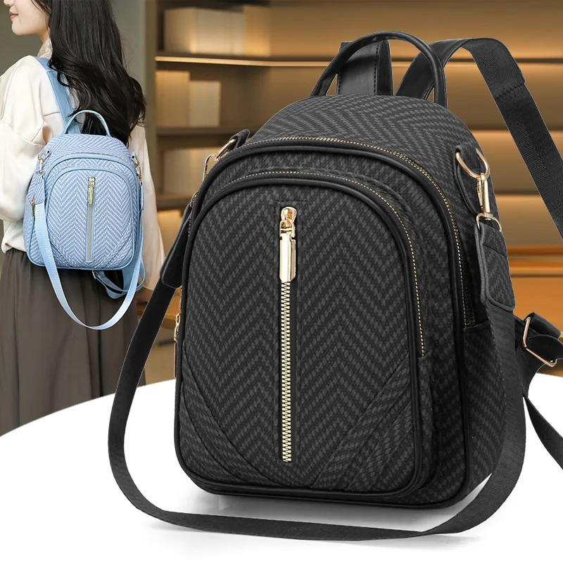 Convertible Women Anti Theft Backpack With Herringbone Pattern Gold Zipper Daily Travel Sling Shoulder Bag Brown Black