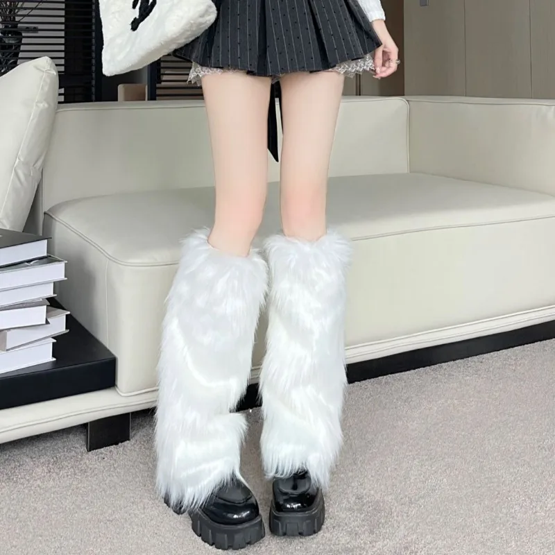 Gothic Punk Black White Gray Imitation Wolf Fur Leg Warmers Y2k Winter Warm JK Furry Boots Socks Jk Knee-length Hiphop Stockings
