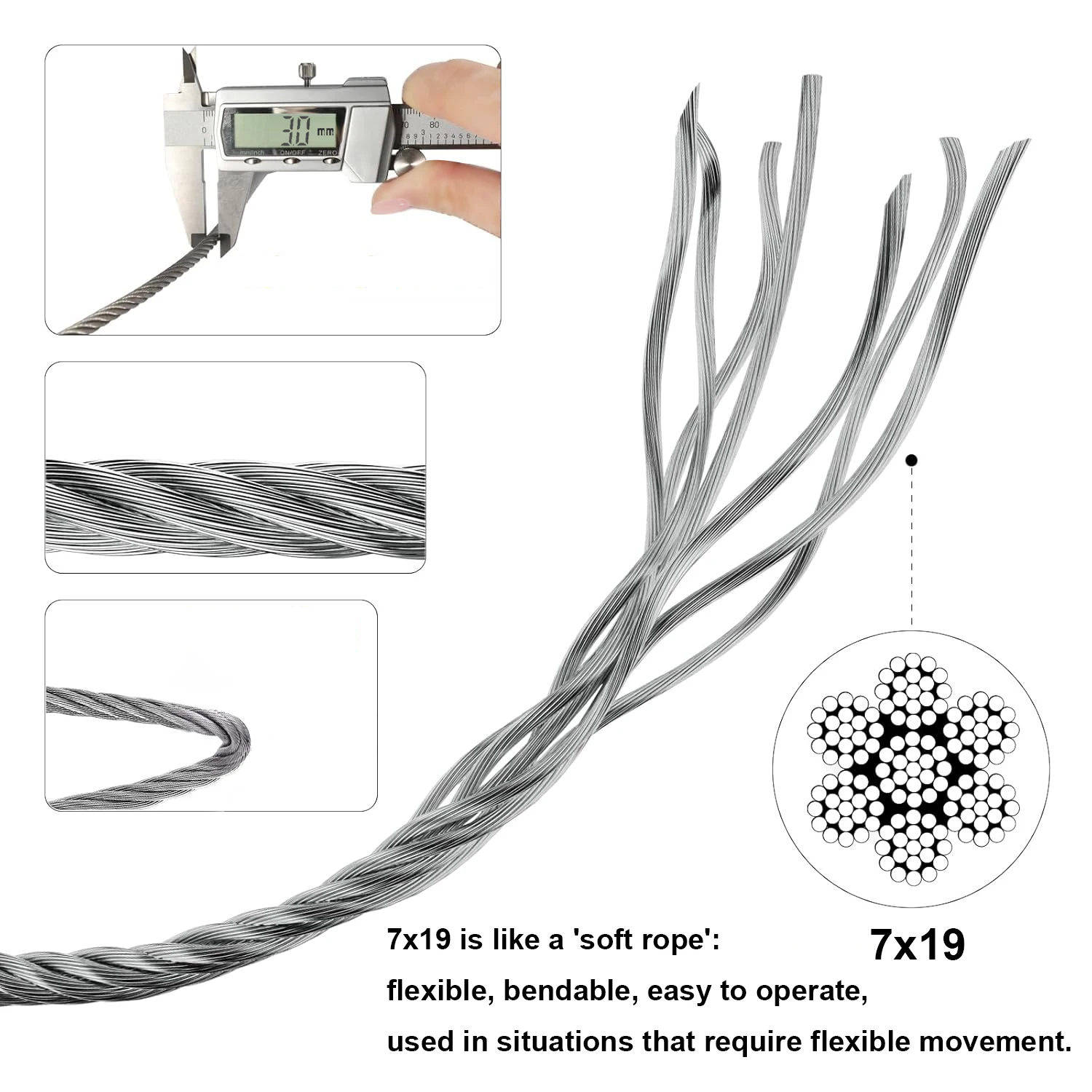 7x19 Structure 304 Stainless Steel Wire Rope with a Dia 1.5-3.0mm Suitable for Curtain Ropes Pet Belts and Transmission Ropes