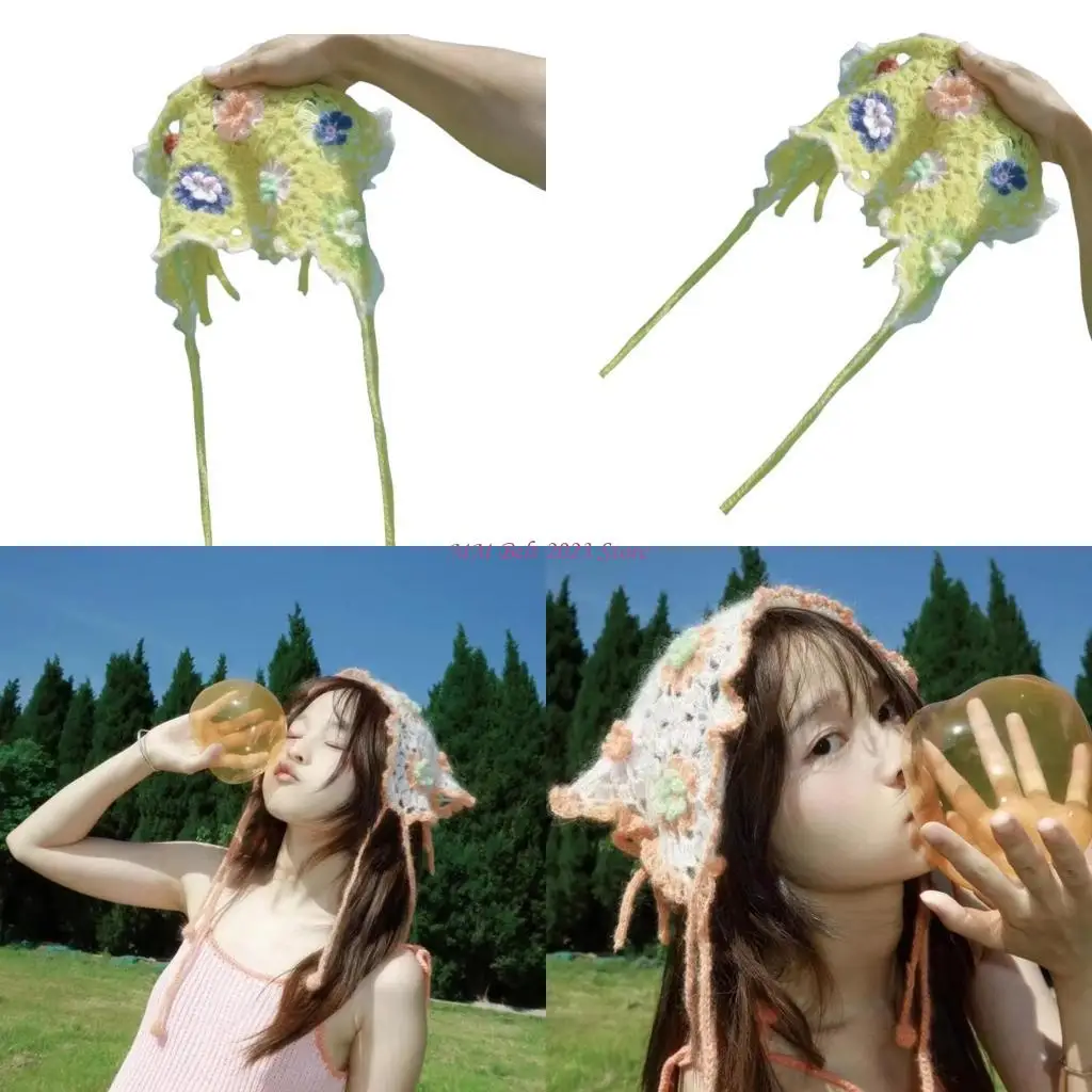 

49ME Flower Head Scarf Turban Hairband for Women Knitted Head Covering Spring Bandanas for Camping Girl Vacation Headwear