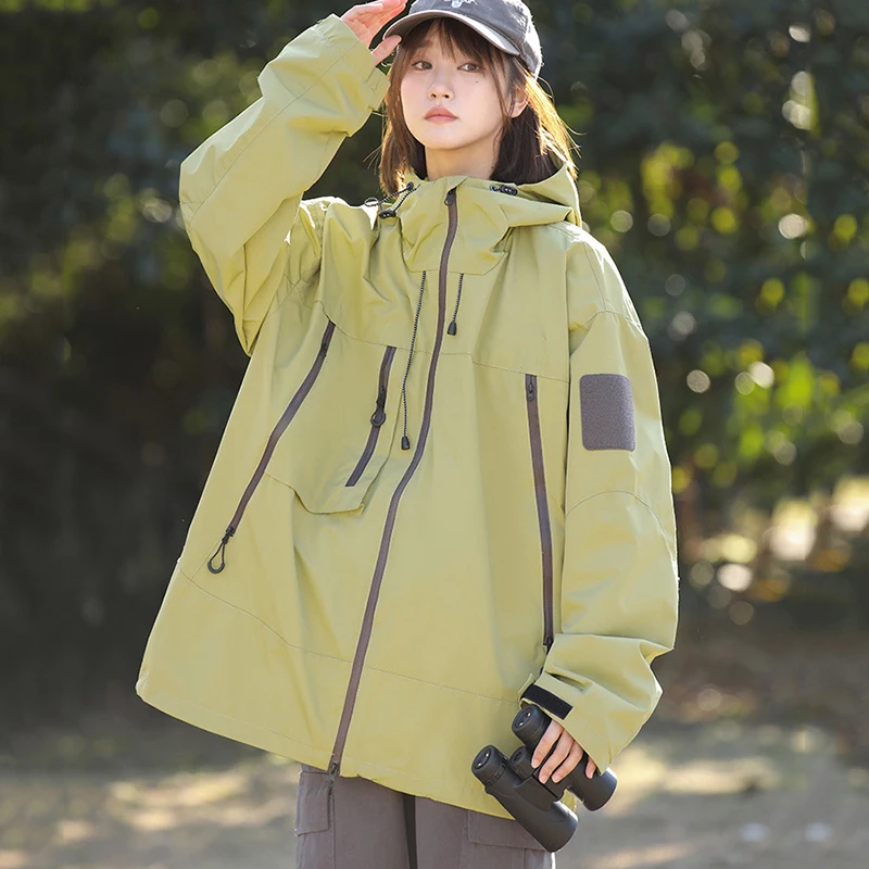 Japanese Oversized Windbreaker Jacket Women 2024 Autumn Outdoor Hooded Sports Jackets Woman Zippers Windproof Hiking Coats Mujer