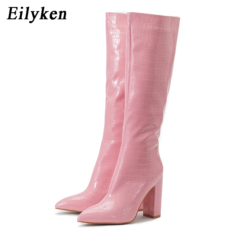 Eilyken Autumn Winter High Heel Women Knee High Serpentine Boots Designer Chunky Shoes Zipper Long Botas Mujer