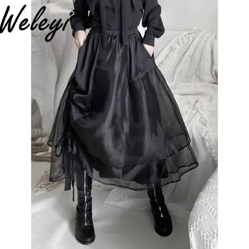 

Japanese Woman Multi-layer Irregular Organza Mid Skirt 2024 Fall New Women Black Side Drawstring Pleated Irregular Tutu Skirts