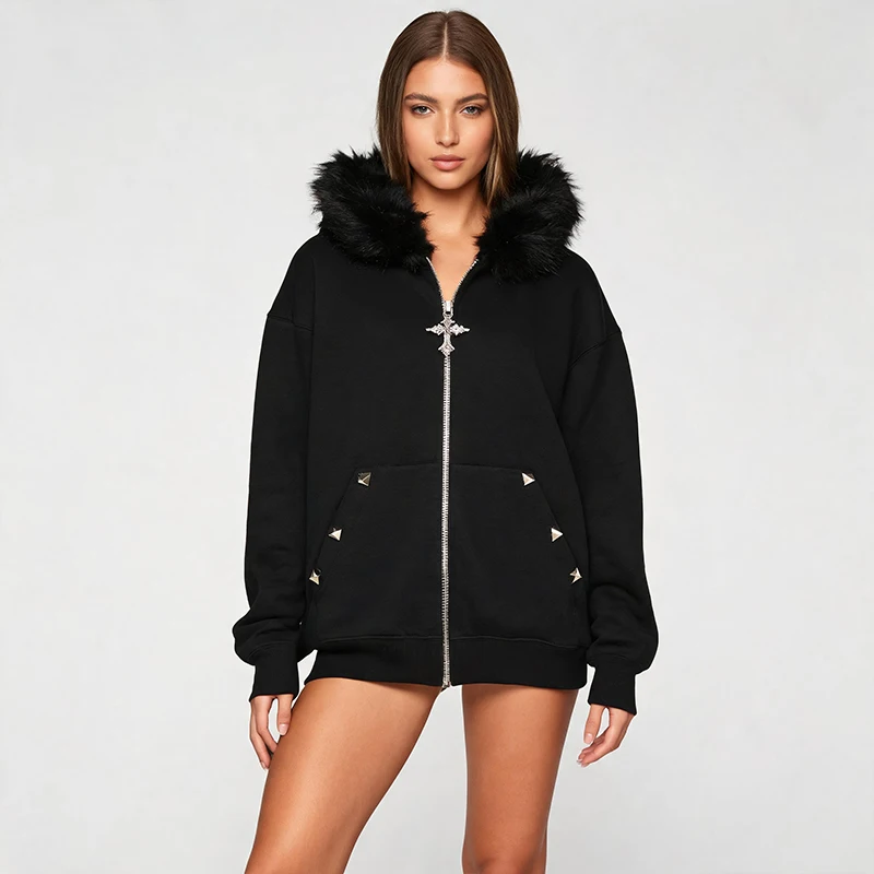 Y2K Gothic Zip Up Hooded Jacket Faux Fur Collar Cross Rivet Studded Cropped Coat Punk Alt Streetwear Women Outerwear