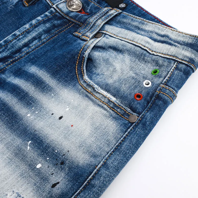 

Street Designer Fashion Men Jeans Retro Blue Stretch Slim Fit Painted Ripped Jeans Men Patched Vintage Brand Denim Pants Hombre