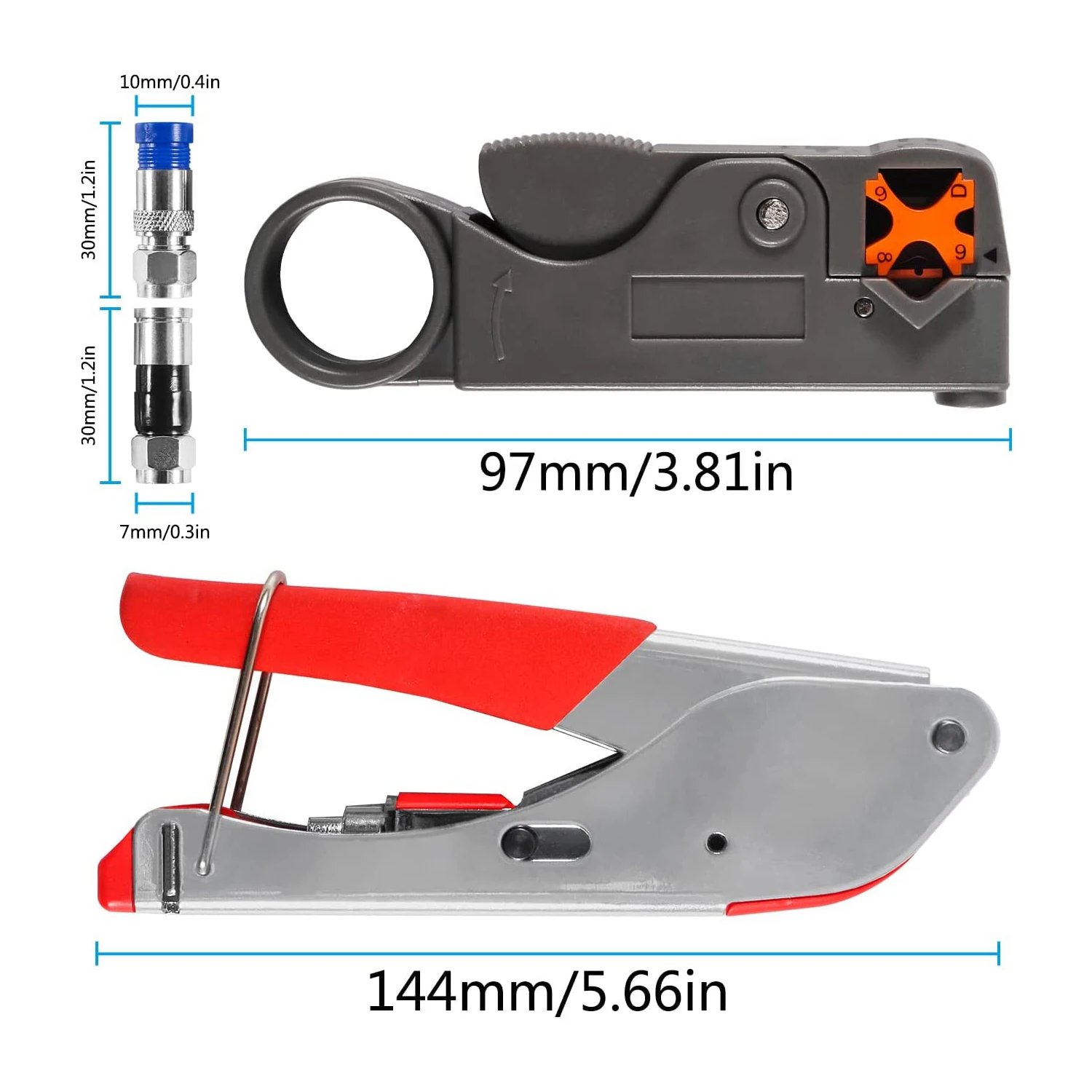 Coaxial cabo Crimper Tool Kit, Conjunto de ferramentas de compressão coaxial, Coax Stripper com conectores F, RG6, RG59, 20pcs