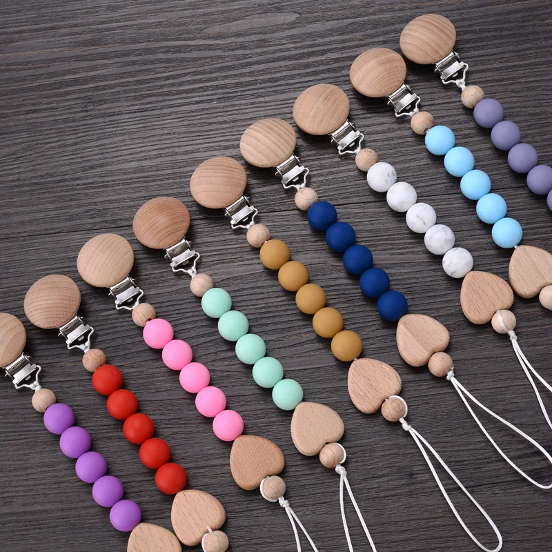 Baby Pacifier Clips Silicone Teething Beads Holder for Pacifiers Nipple Clip Chain Heart Wooden Beads Teethers Toy Accessories