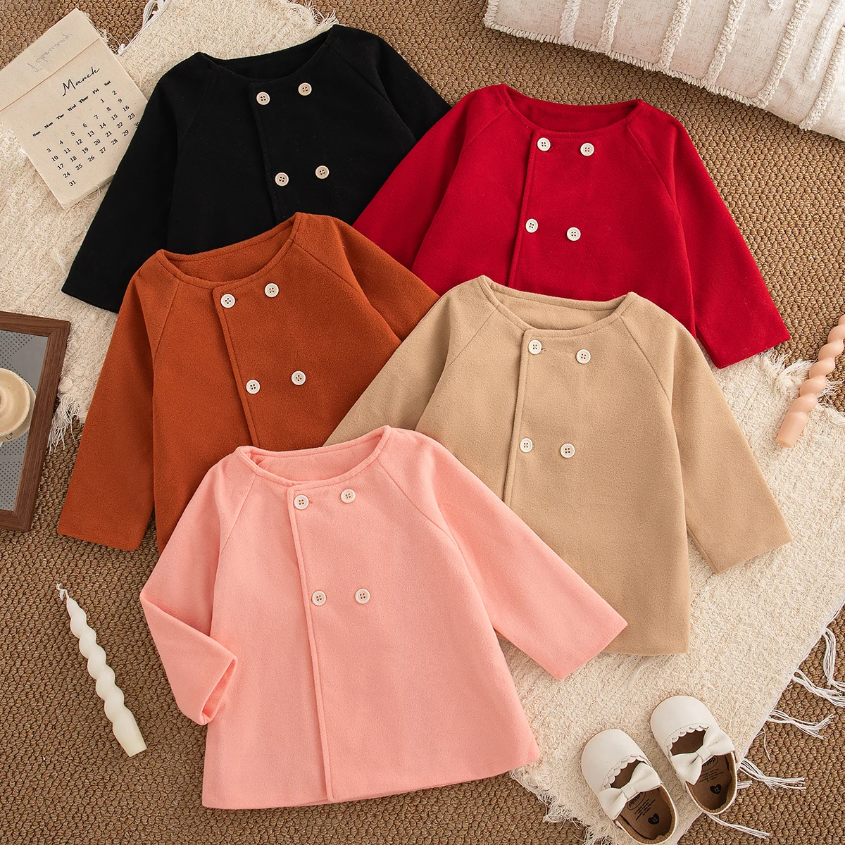 Baby Mädchen Mantel Herbst Und Winter Einfarbig Rundhals Woolen Mädchen Oberbekleidung Einfache Lange Ärmeln Baby Tops Baby Mädchen Kleidung ﻿