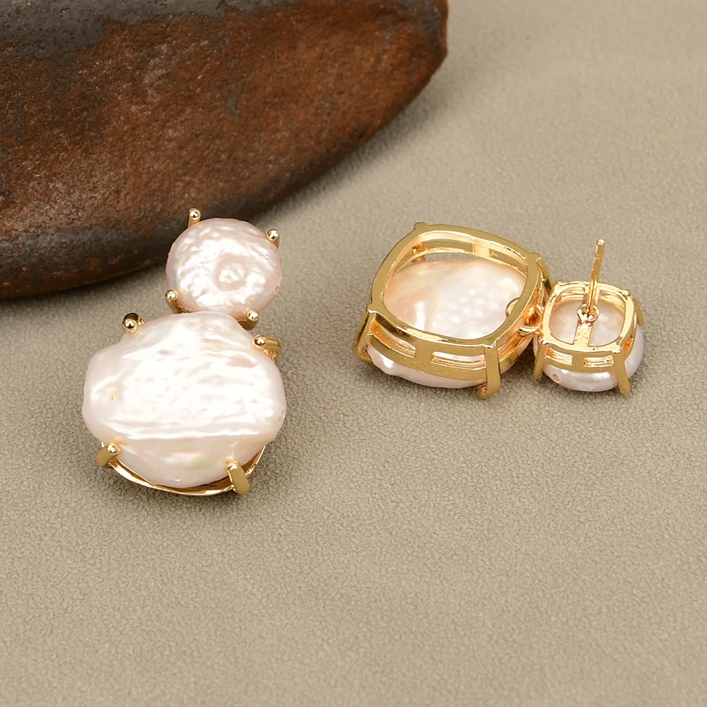 GG Cultured White Coin Keshi Pearl Gold Plated Stud Earrings For Lady