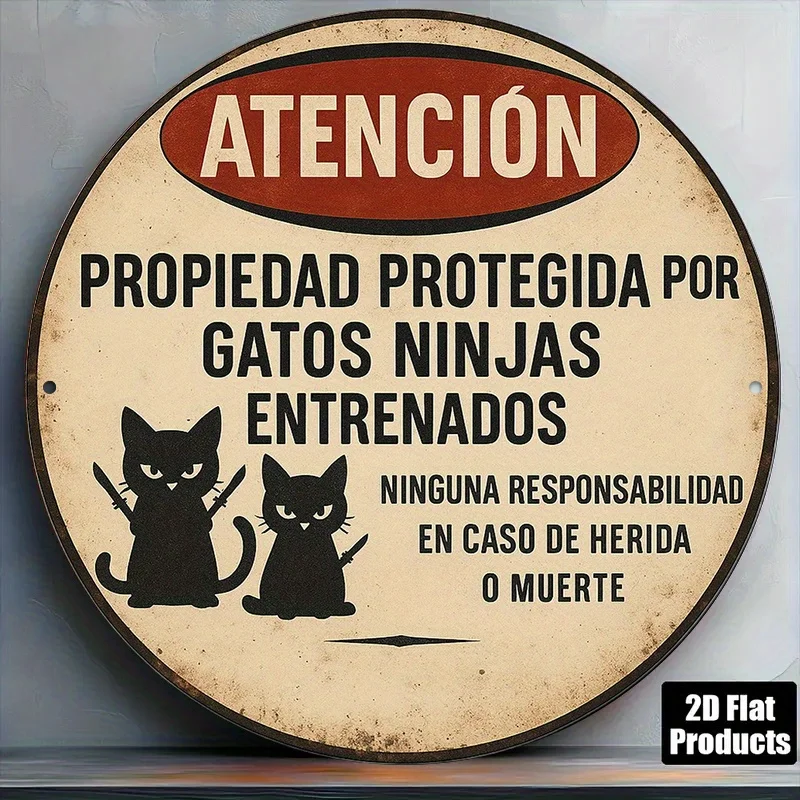 8x8 Inch Round Aluminum Wall Plaque - Spanish Suitable for, Office, Cafe Decor - Funny Ninja Cat Decoration, Metal Sign