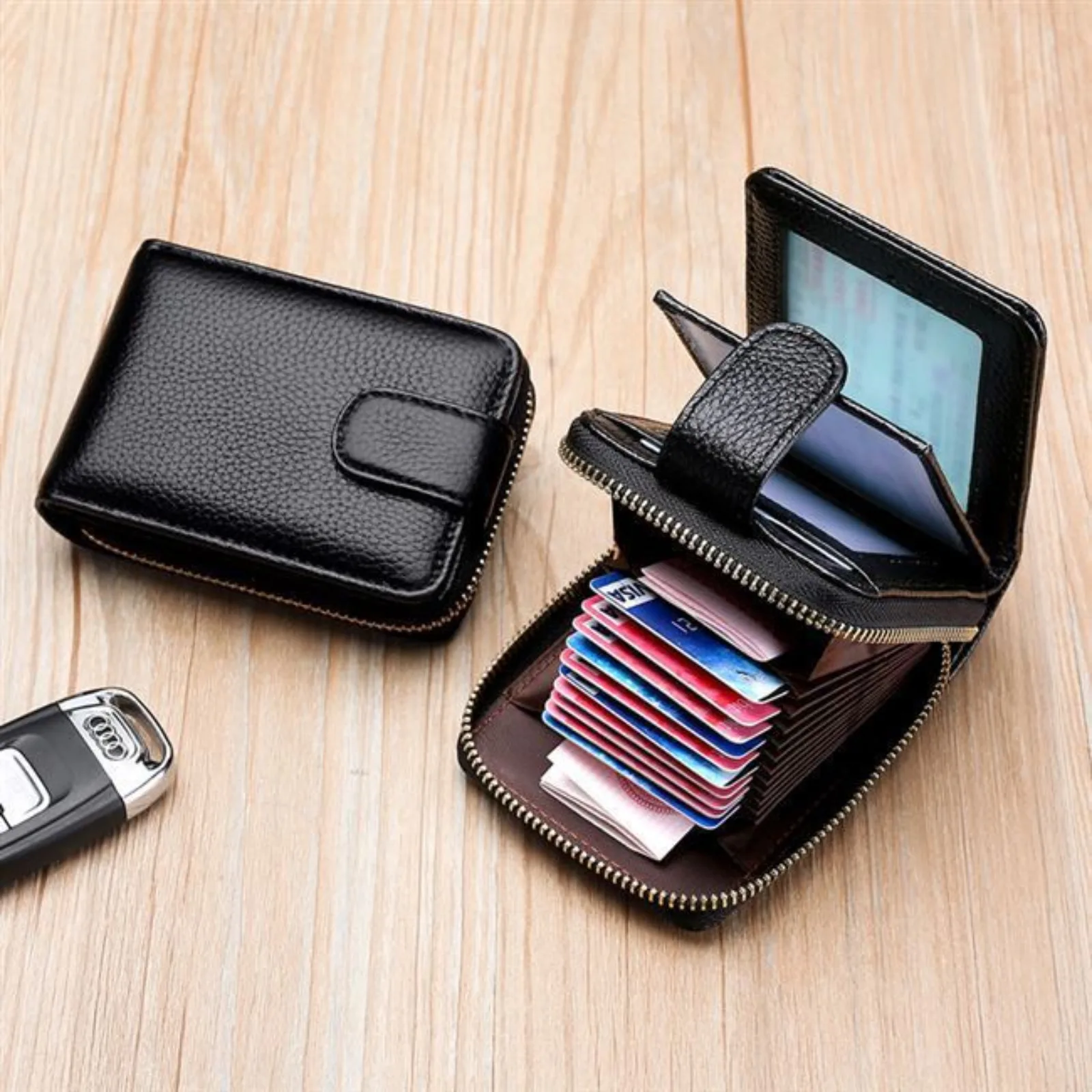 Large Capacity Zipper Style Leather ID Holder Driving License RF Multi-Function Top Layer Cowhide Accordion Card Holder