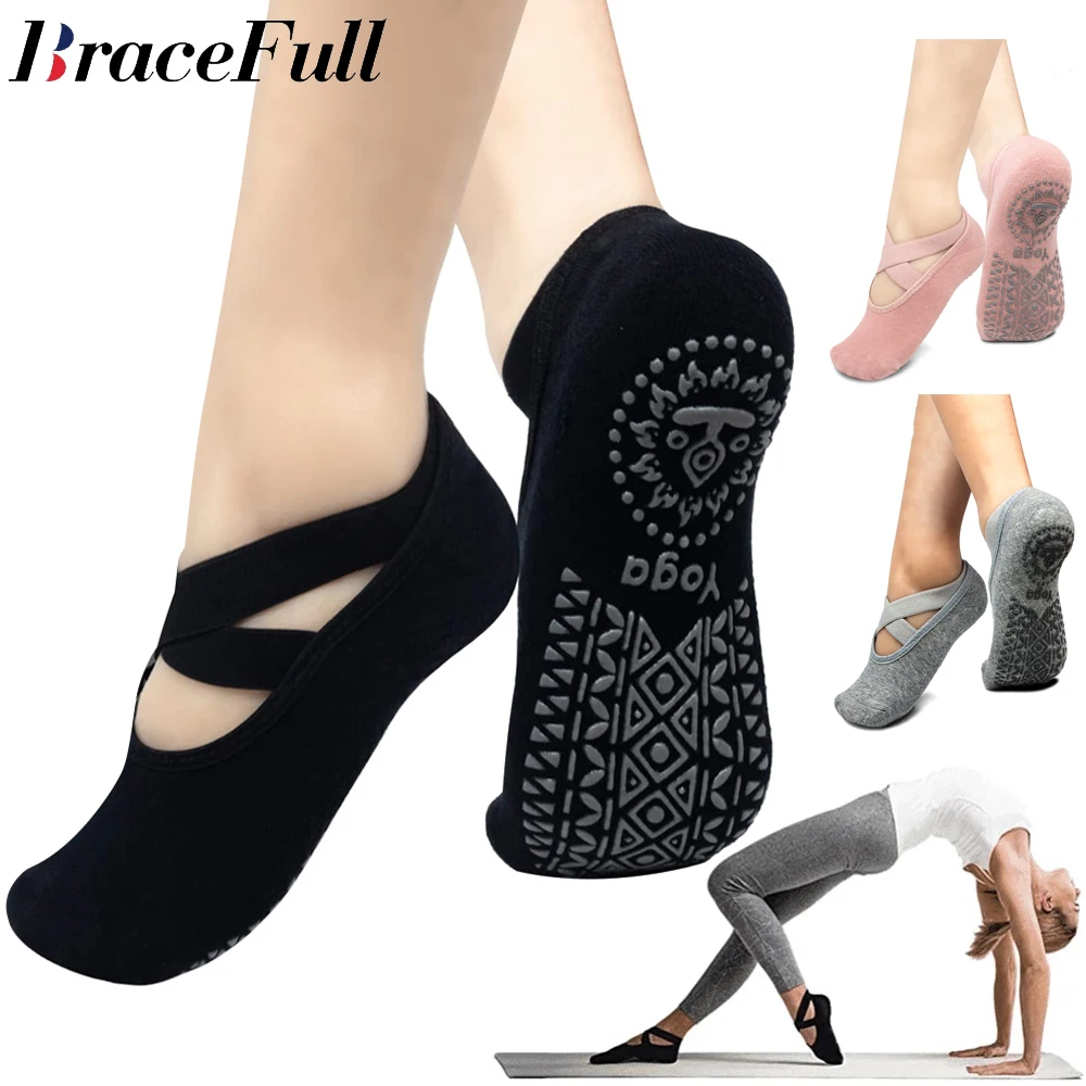 

Yoga Socks for Women Non-Slip Grips & Straps, Bandage Cotton Sock, Ideal for Pilates Pure Barre Ballet Dance Barefoot Workout