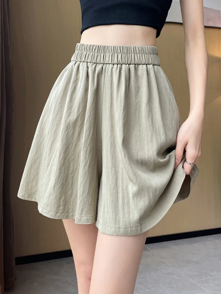 Solid Color Classic Elastic High Waist Cool Shorts for Women Summer Thin Style Fashion Loose Casual Basic Pockets Female Shorts