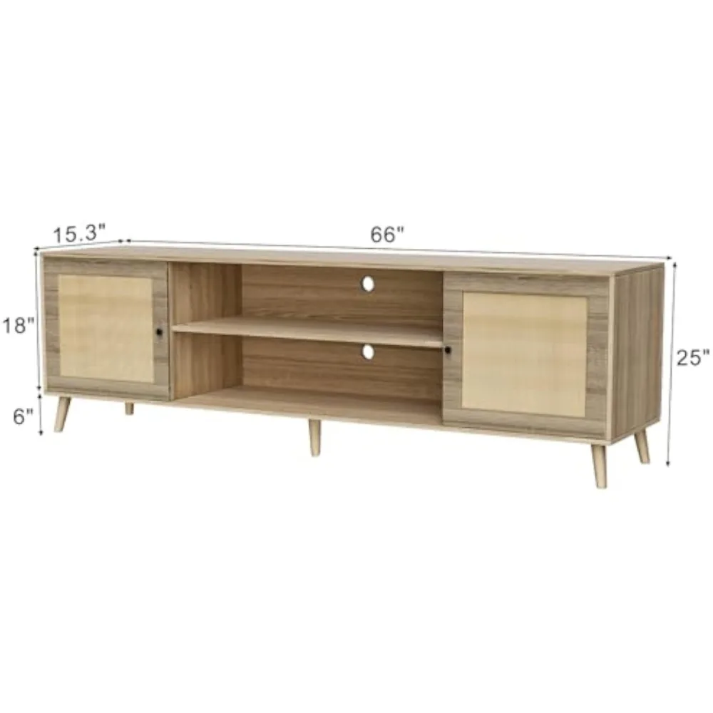 TV Stand for 75+ Inch TV, Entertainment Center with Adjustable Shelf,Rattan TV Console with 2 Storage Cabinets, TV Console Table