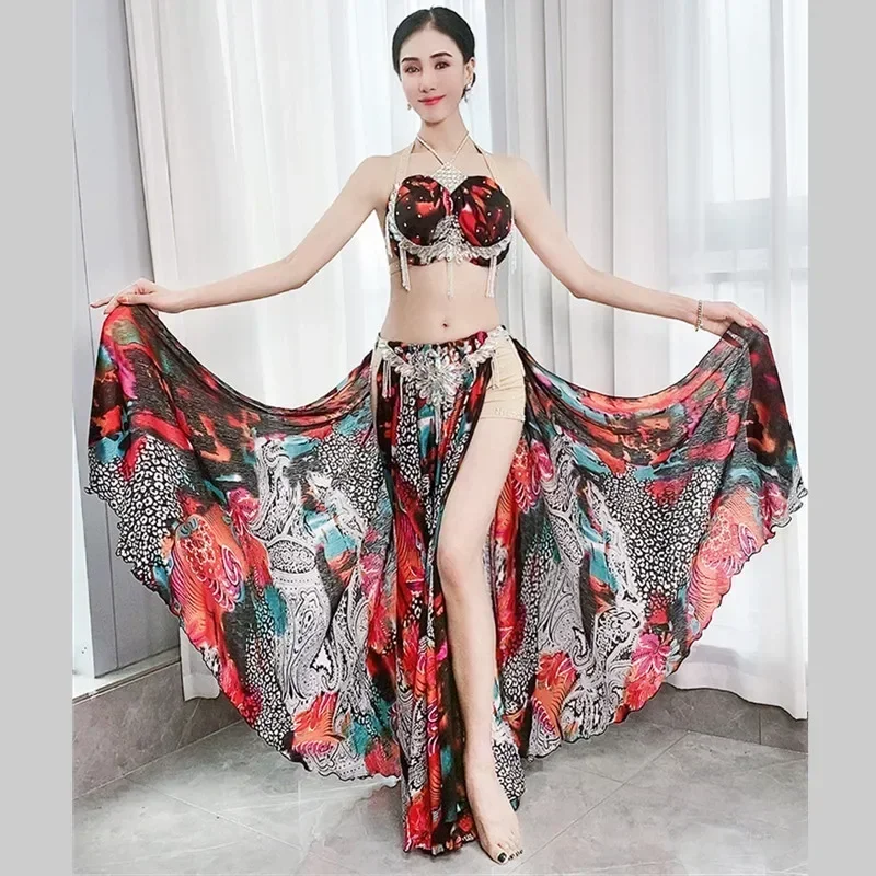 

2023 Sexy Women Professional Belly Dance Oriental Rhinestones Diamond Costume Set 4PCS Set of Bra&Skirt&2 Armbands