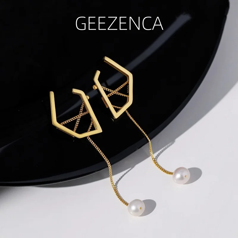 

GEEZENCA 925 Sterling Silver Natural Pearl Tassel Dangle Earrings For Women Original Design Geometric Chic Earring 2023 New Gift