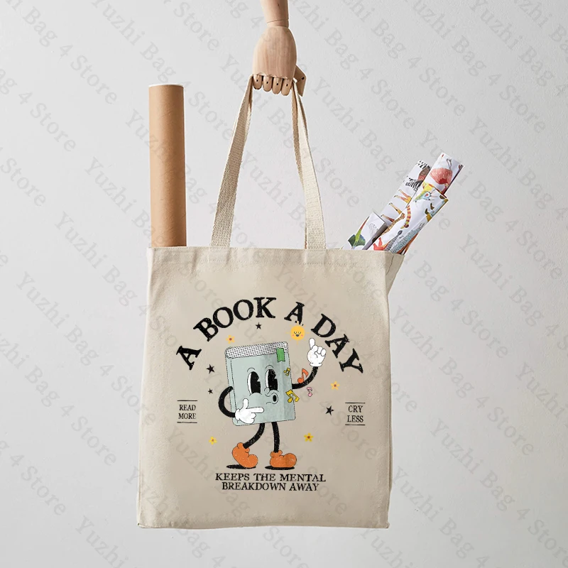 A Book A Day Pattern Shopping Bag Book Lover Large Capacity Shoulder Bag Women Canvas Bag Birthday Gift Bookworm