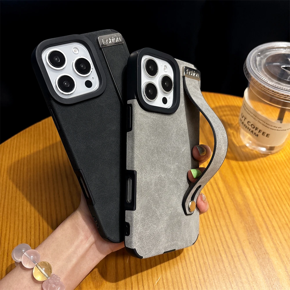 Luxury Suede Lambskin Leather Wrist Strap Holder Case For iPhone 16 15 14 Plus 13 12 Pro Max Matte Shockproof For Magsafe Cover