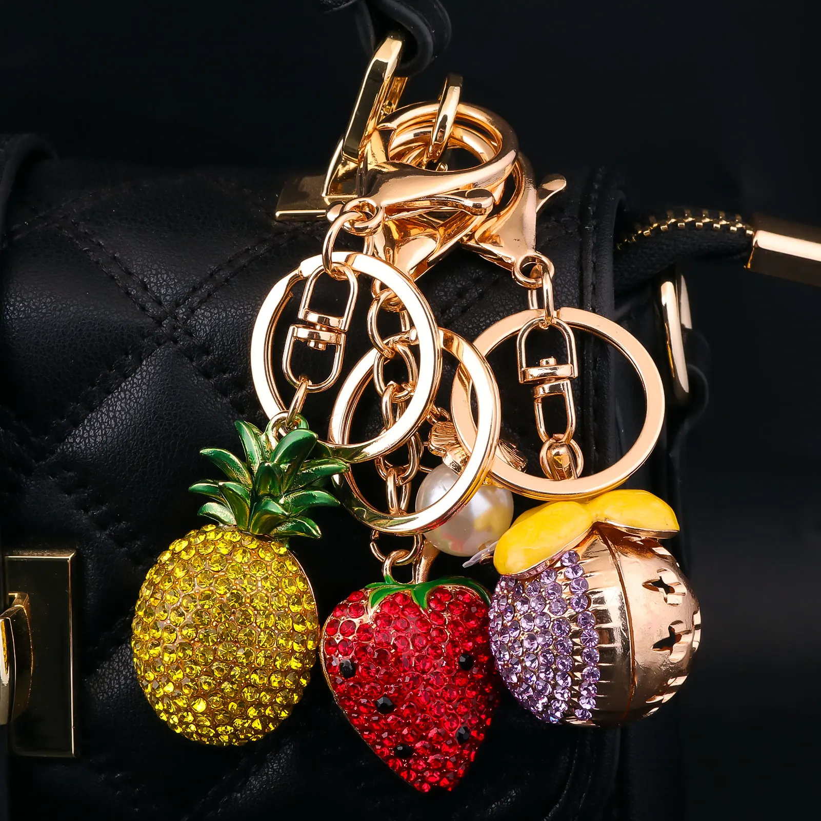 Chaveiro de frutas com diamante completo, pitaya, abacaxi, morango, pitaya, saco de simulação, pingente de frutas, banquete, festa, acessórios de joias