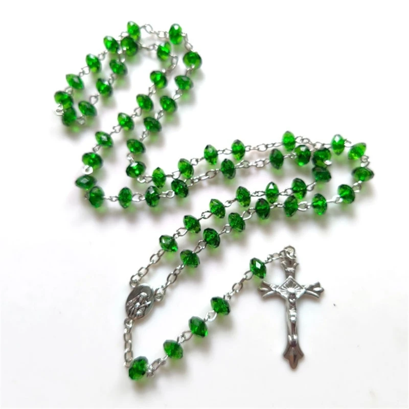 Green Stones Rosary Cross Necklace Christian VirginMary Center Accessories Sweater Chain Church Jewelry Accessories