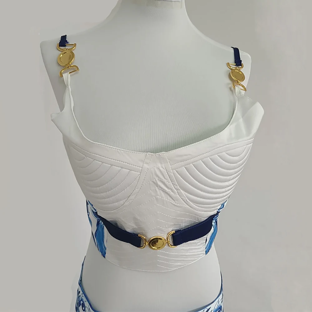 Ensemble deux pièces en porcelaine bleu et blanc, jupe à bretelles imprimée, robe à grand ourlet, jupe longue élégante, olympiques de vacances Boho, nouveau