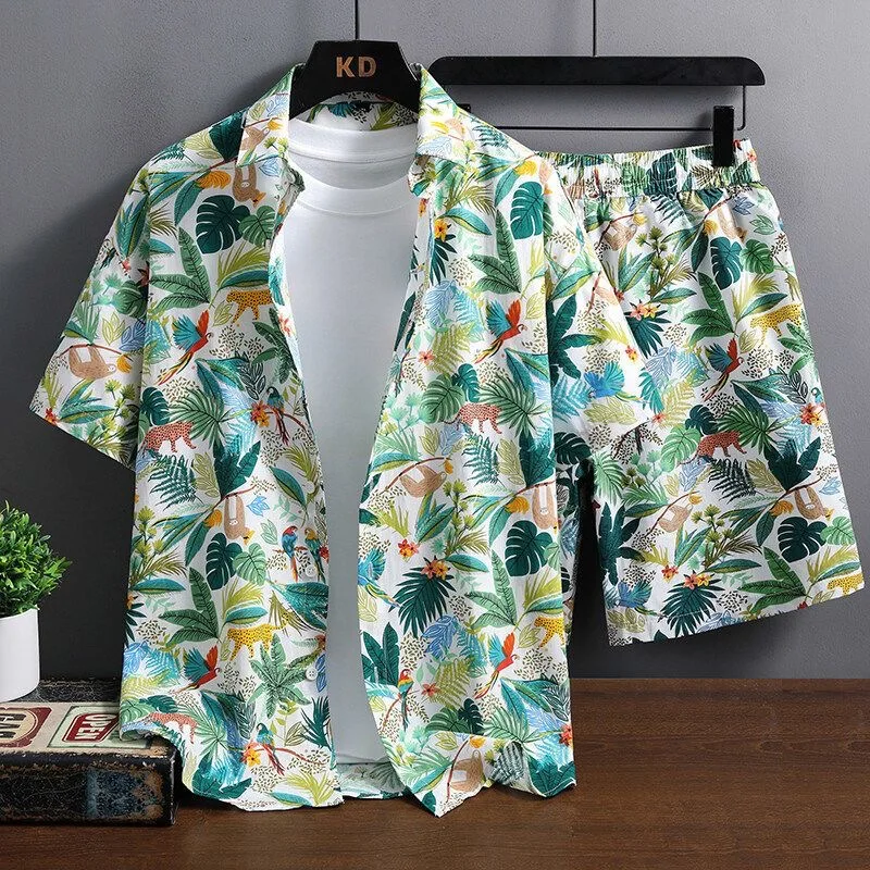 

Summer New Fashion Trendy Print Breathable Beach Short Sleeve Shirt Set Men's Casual Loose Sport High Quality Two-Piece Set
