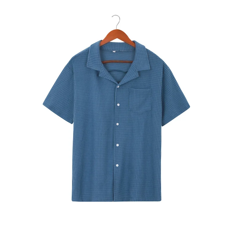 2025 Men's summer new Japanese style fresh, simple and versatile single breasted lapel loose solid color checkered shirt top