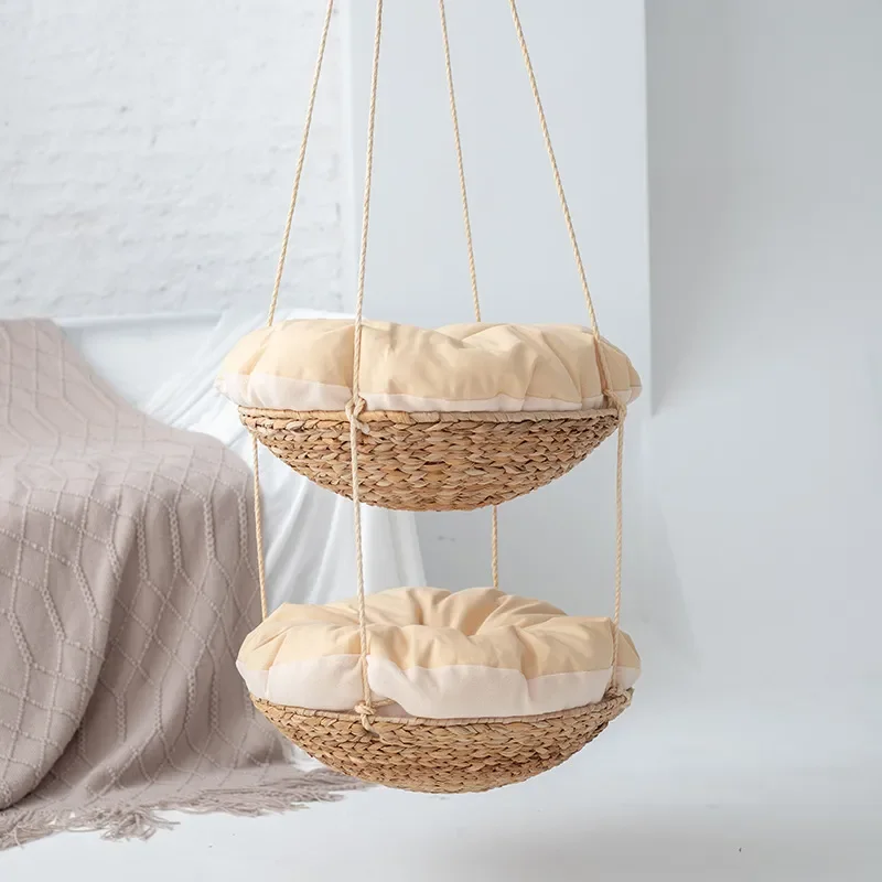 Natural Rattan Cat Hammock with Suction Cups Washable Pet Bed Universal Straw Nest for All Seasons Removable Comfortable
