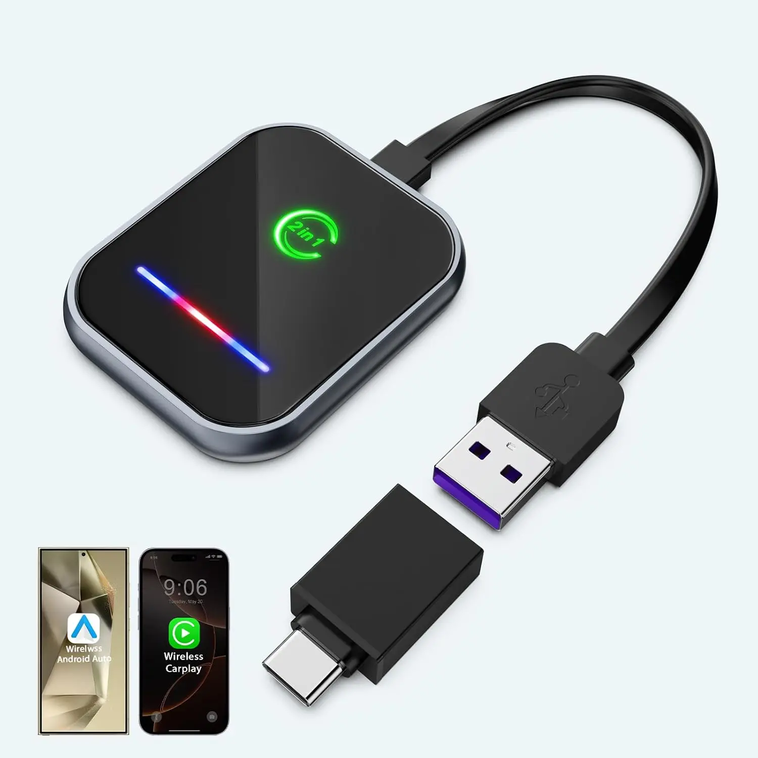 2-in-1 Wireless CarPlay Adapter for iPhone - Android Auto Stable Fast Connection for Factory Dongle Connect Plug and Play