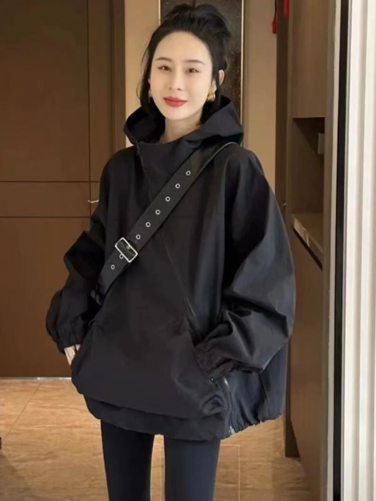 

Повседневная свободная женская куртка на хлопковой подкладке с капюшоном на молнии, весенне-осенняя верхняя одежда из полиэстера, нейлона и композитного волокна