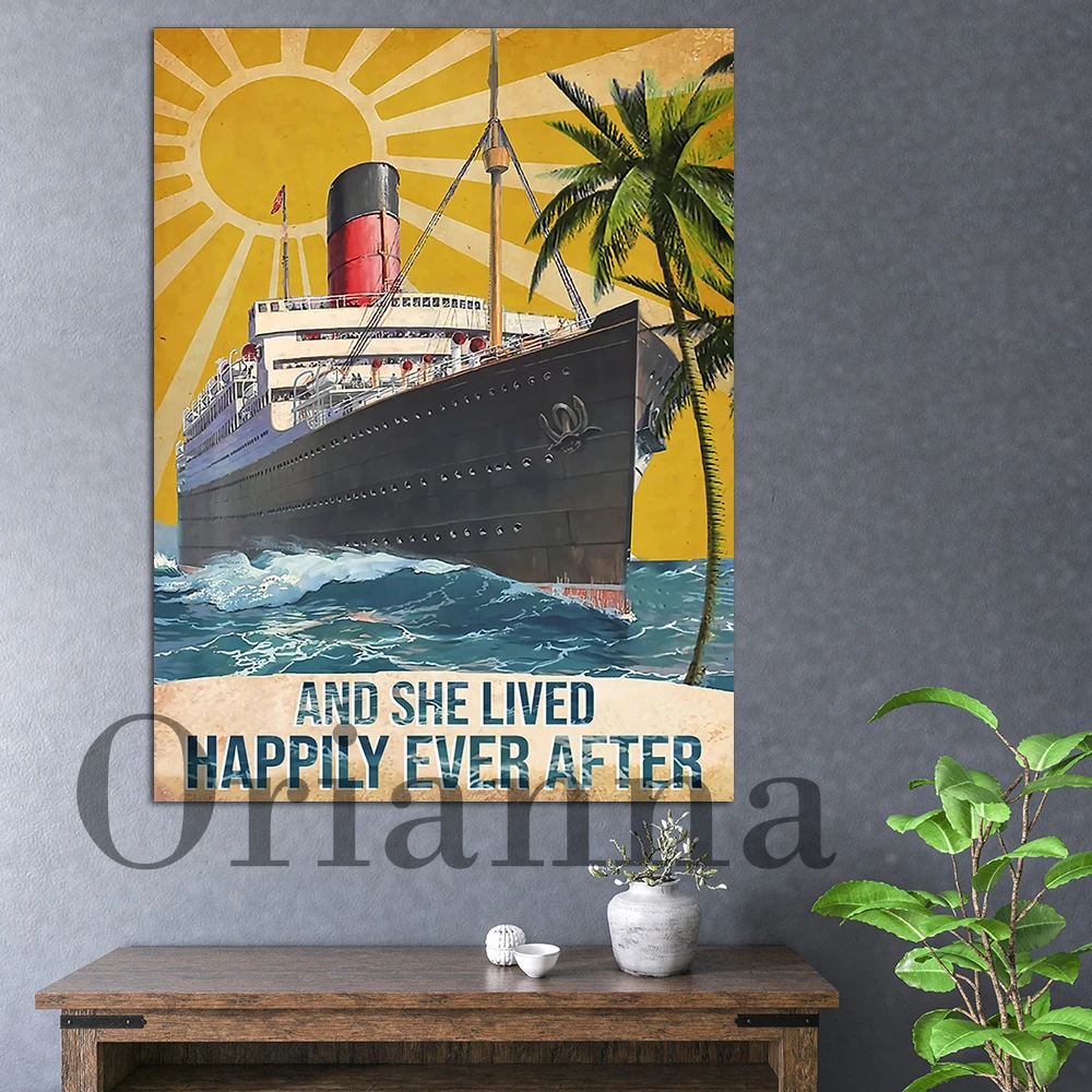 Modern Wall Art Sailing And She Lived Happily Ever After Canvas Painting, Love Sailing Vintage Poster, Ocean Sailing Home Decor