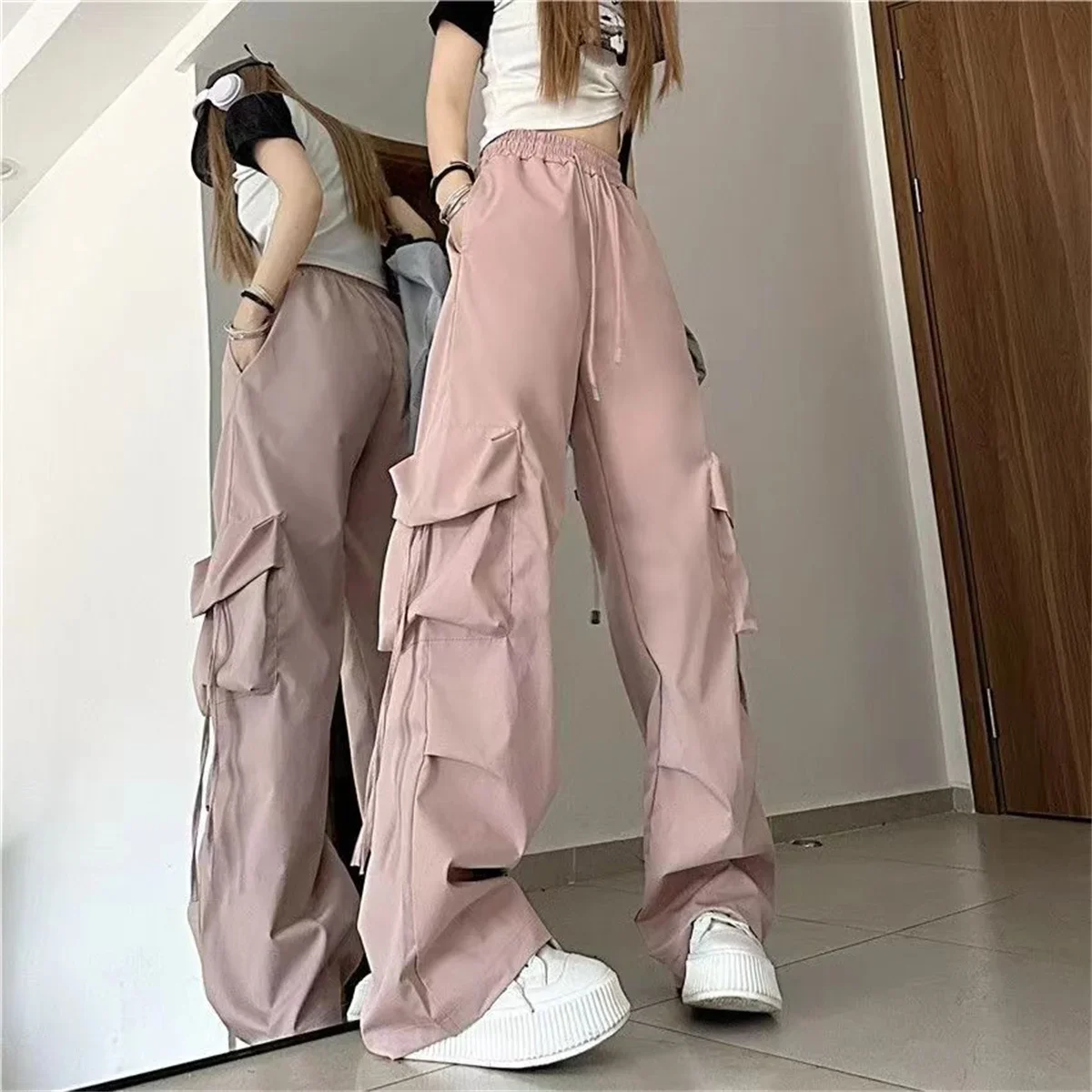 SweatPants Damen Vintage Cargo-Hosen Mode Elastischer Bund Retro Oversized Einfarbige Weite Hosen Lässige Streetwear Baggy-Hosen – Detail 7