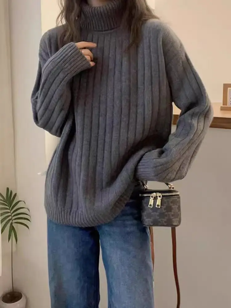 Pull en laine Pure à col haut pour femme, manches longues, couleur unie, tricoté, décontracté, Chic, Style de rue, hiver