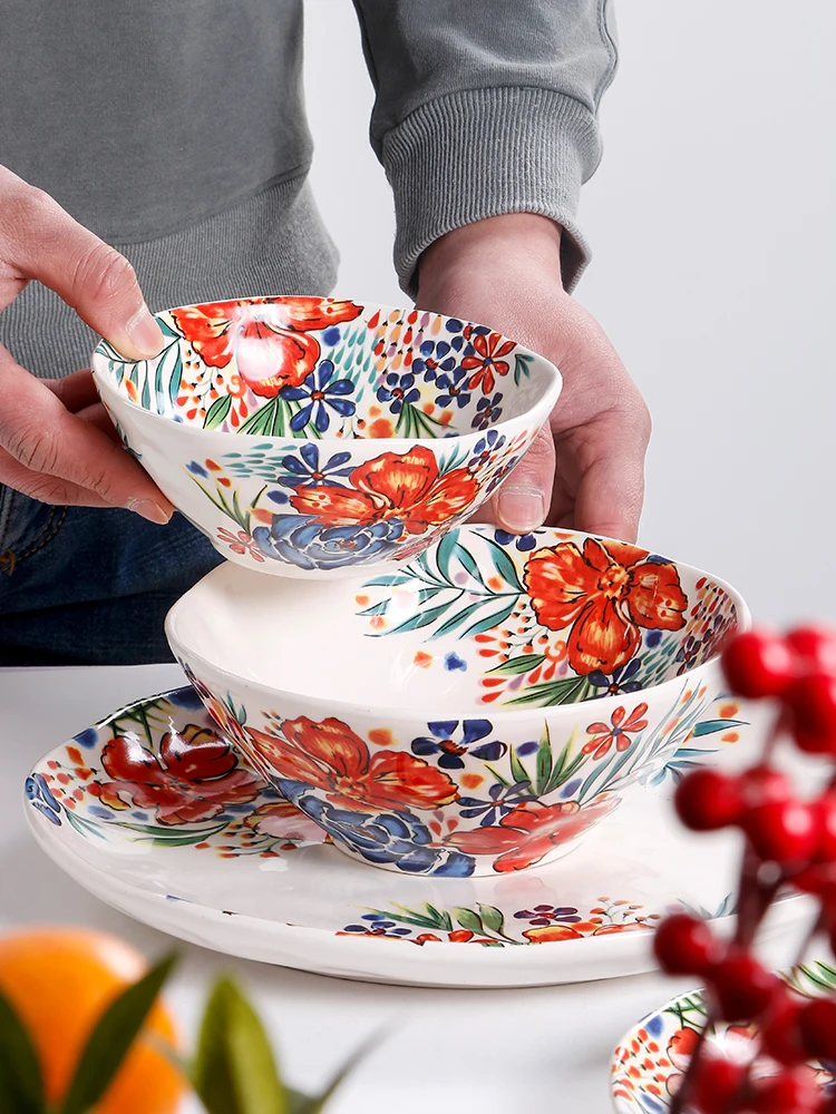 Large Size Ceramic Rice Bowl American Country Style Irregular Shape Creative Home Use Soup Bowl Dining Set Combination