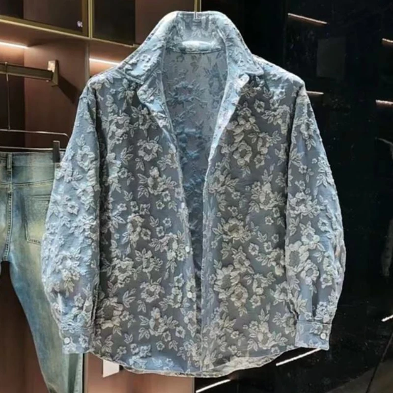 Spring Summer Embossed Jacquard Long Sleeve Shirt Men Loose Lapel Handsome High-grade Outdoor Casual Blouse Coat